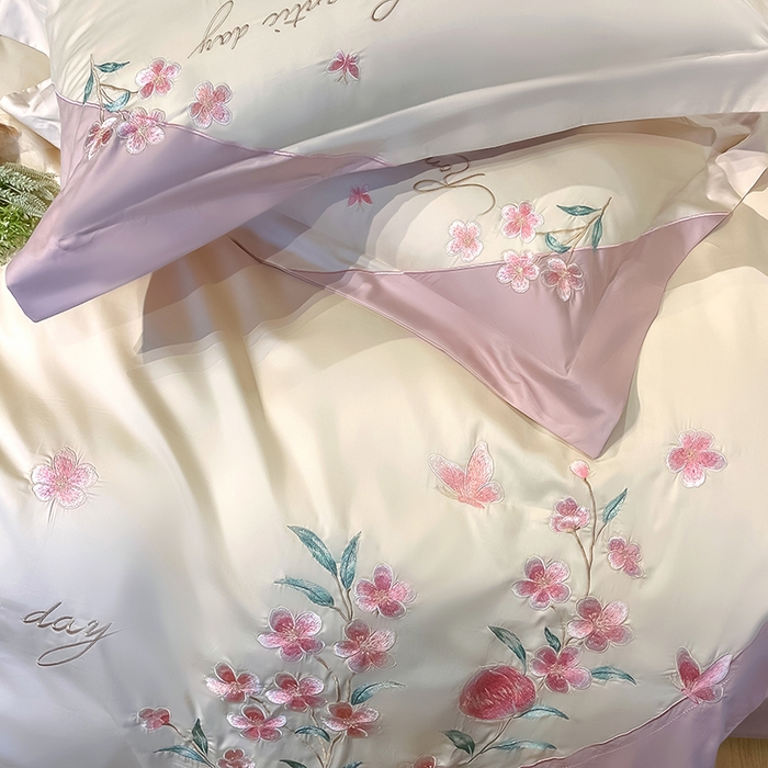 91家纺网 家纺一手货源 找家纺 桃园 新品纯棉全棉长绒棉刺绣绣花高端礼盒四件套-花语 花语-白粉