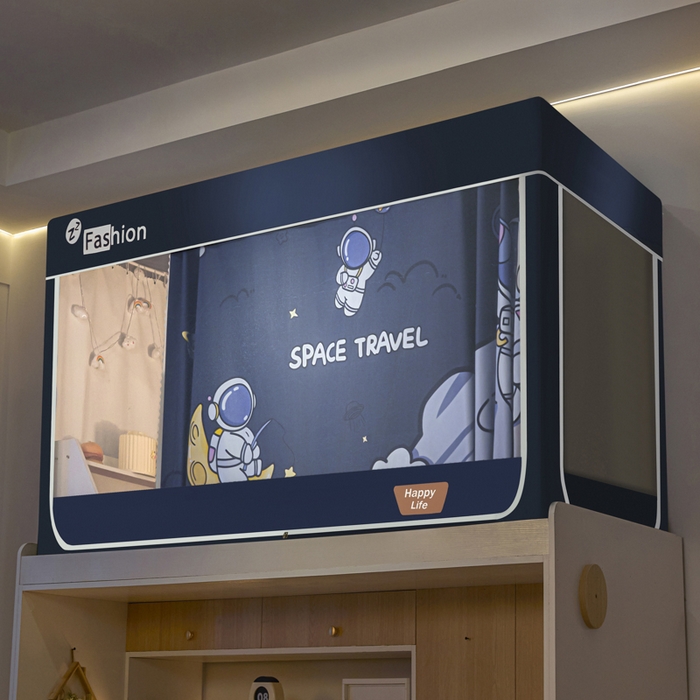 91家纺网 家纺一手货源 找家纺 壹和 2026新款强遮光纳米技术静电植绒环保透气床帘加密纱学生蚊帐 星球探索