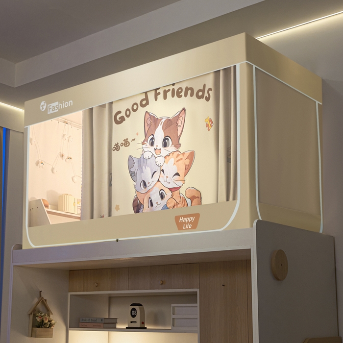 91家纺网 家纺一手货源 找家纺 壹和 2026新款强遮光纳米技术静电植绒环保透气床帘加密纱学生蚊帐 叠叠猫