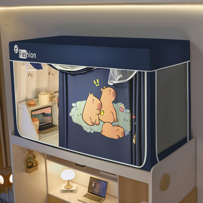 91家纺网 家纺一手货源 找家纺 壹和 2026新款强遮光纳米技术静电植绒环保透气床帘加密纱学生蚊帐 卡皮巴拉