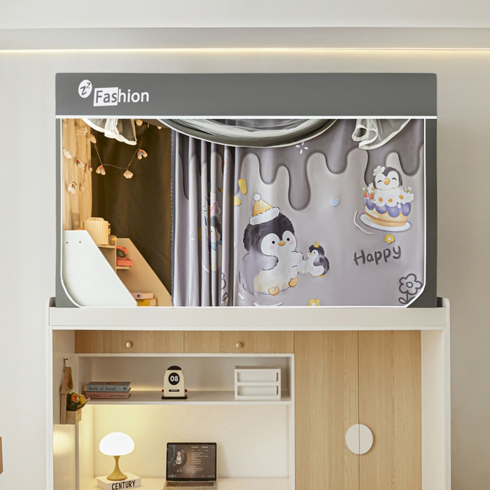 91家纺网 家纺一手货源 找家纺 壹和 2026新款强遮光纳米技术静电植绒环保透气床帘加密纱学生蚊帐 企鹅宝宝