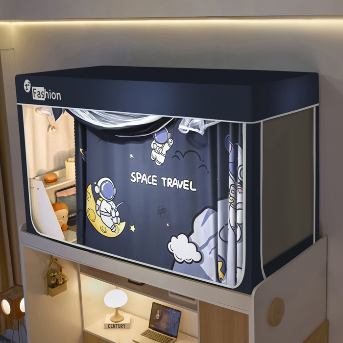 91家纺网 家纺一手货源 找家纺 壹和 2026新款强遮光纳米技术静电植绒环保透气床帘加密纱学生蚊帐 星球探索