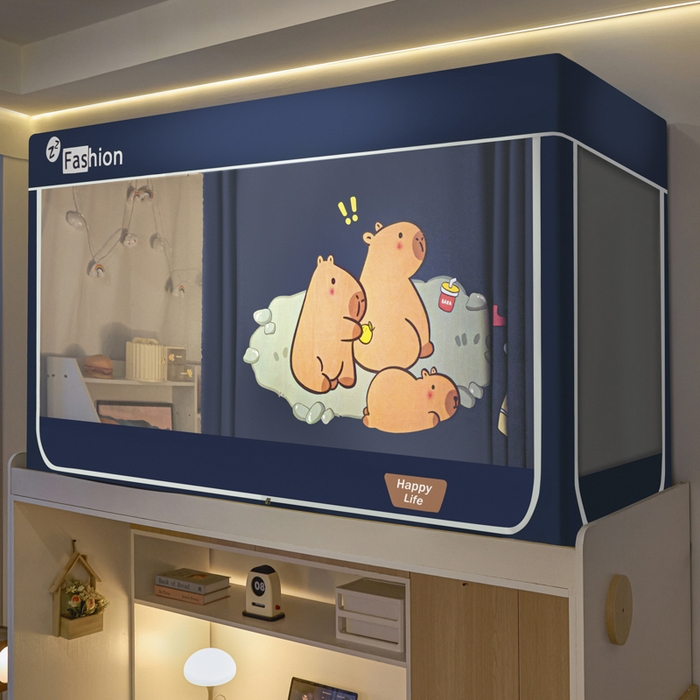 91家纺网 家纺一手货源 找家纺 壹和 2026新款强遮光纳米技术静电植绒环保透气床帘加密纱学生蚊帐 卡皮巴拉