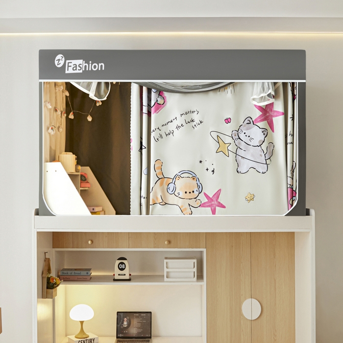 91家纺网 家纺一手货源 找家纺 壹和 2026新款强遮光纳米技术静电植绒环保透气床帘加密纱学生蚊帐 快乐猫咪