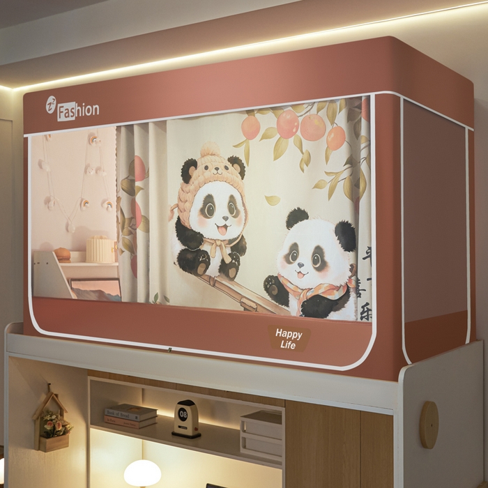 91家纺网 家纺一手货源 找家纺 壹和 2026新款强遮光纳米技术静电植绒环保透气床帘加密纱学生蚊帐 平安喜乐