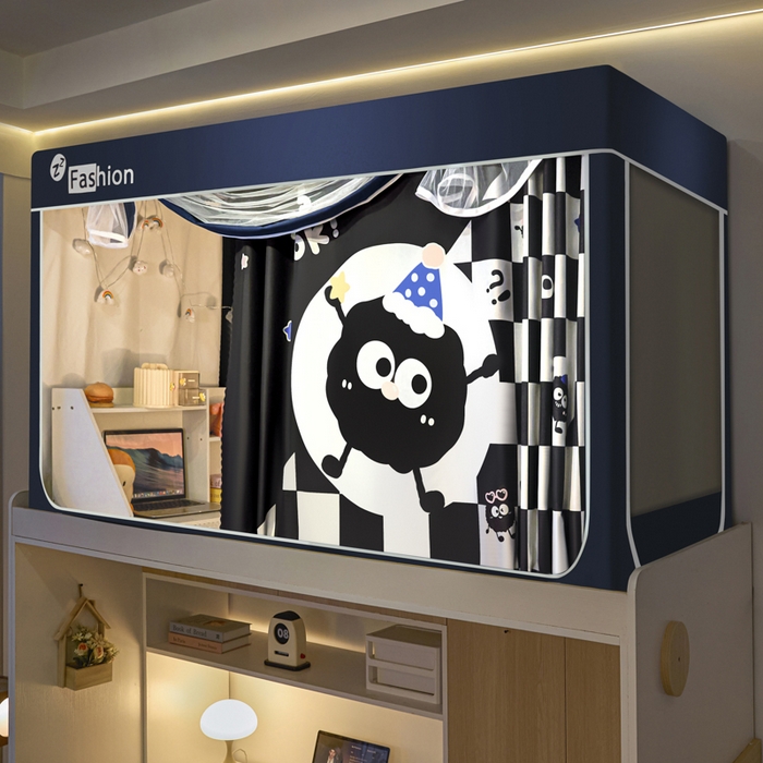 91家纺网 家纺一手货源 找家纺 壹和 2026新款强遮光纳米技术静电植绒环保透气床帘加密纱学生蚊帐 可爱煤球