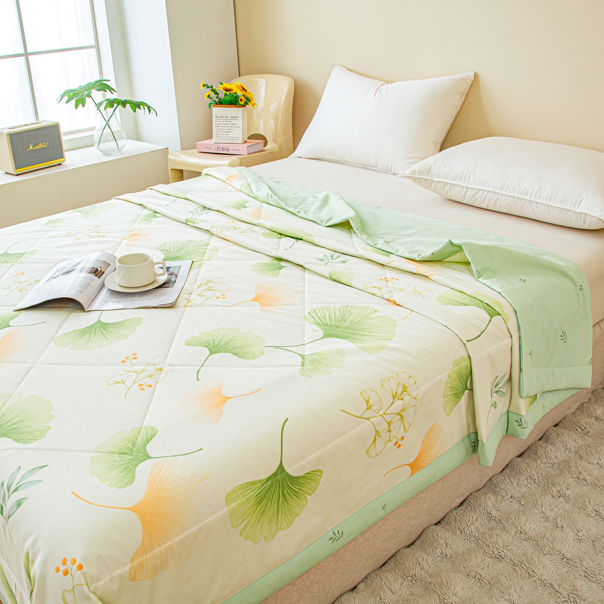 91家纺网 家纺一手货源 找家纺 美之润2026新款A类全棉印花夏被空调被夏凉被 青绿银杏