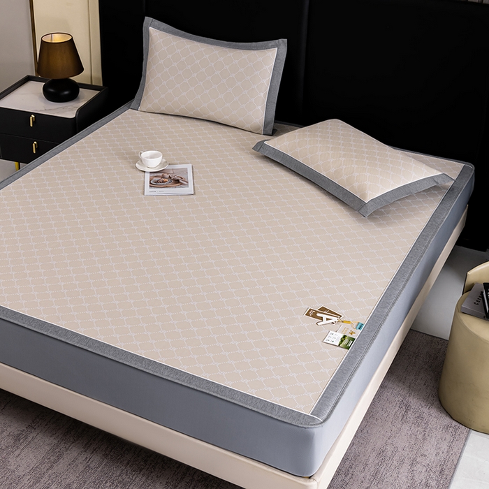 91家纺网 家纺一手货源 找家纺 小牛席业 2026新款轻奢风提花凉感冰丝席系列（床笠款）小玫瑰凉席藤席冰藤双面席冰丝席竹席凉席空调席草席三件套 香槟