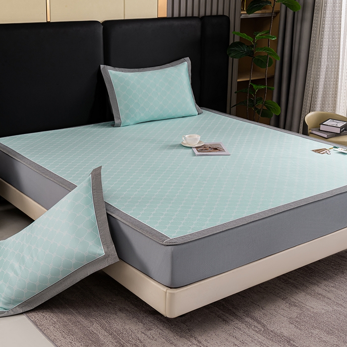 91家纺网 家纺一手货源 找家纺 小牛席业 2026新款轻奢风提花凉感冰丝席系列（床笠款）小玫瑰凉席藤席冰藤双面席冰丝席竹席凉席空调席草席三件套 湖蓝