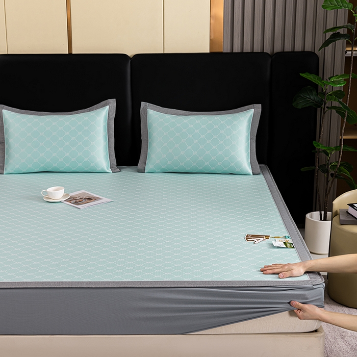 小牛席业 2026新款轻奢风提花凉感冰丝席系列（床笠款）小玫瑰凉席藤席冰藤双面席冰丝席竹席凉席空调席草席三件套 湖蓝