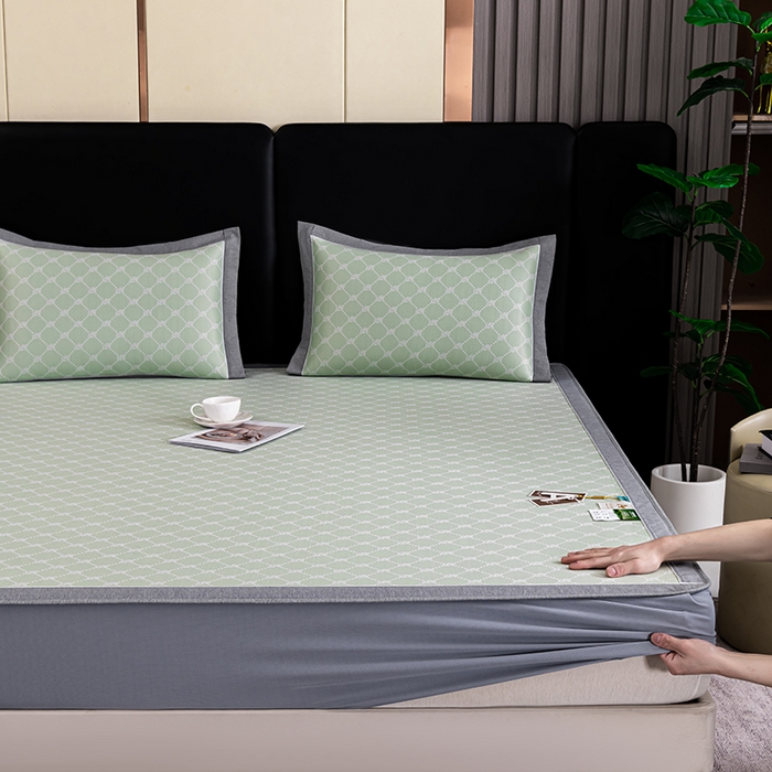 小牛席业 2026新款轻奢风提花凉感冰丝席系列（床笠款）小玫瑰凉席藤席冰藤双面席冰丝席竹席凉席空调席草席三件套 绿色