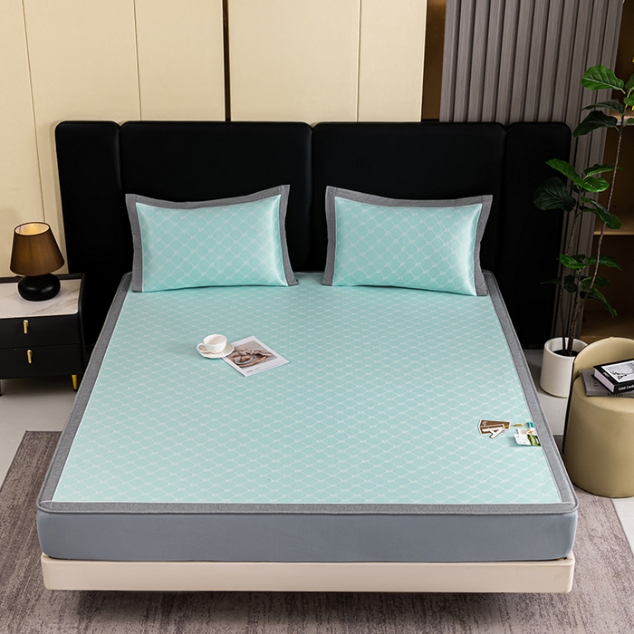 91家纺网 家纺一手货源 找家纺 小牛席业 2026新款轻奢风提花凉感冰丝席系列（床笠款）小玫瑰凉席藤席冰藤双面席冰丝席竹席凉席空调席草席三件套 湖蓝