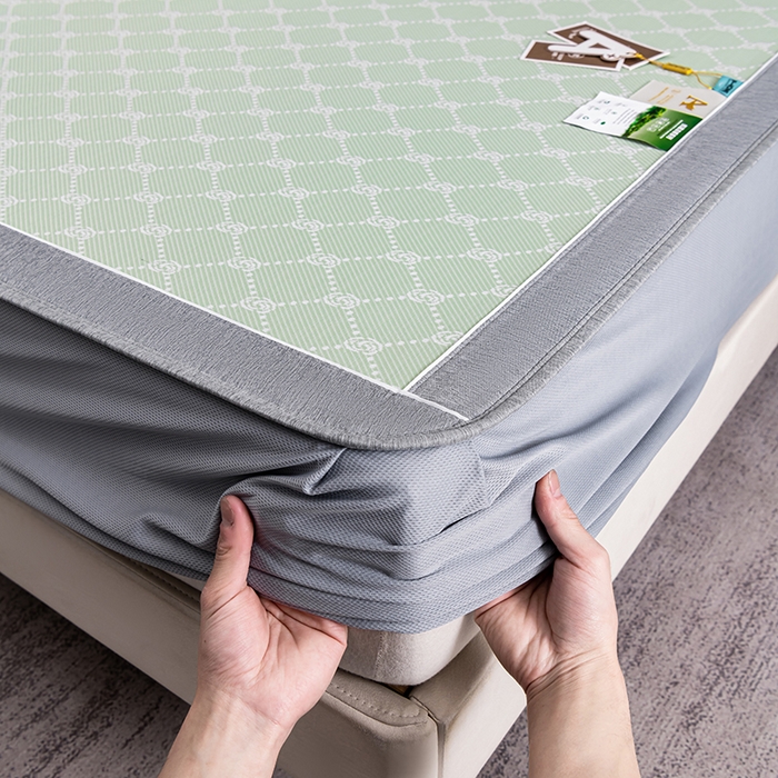 91家纺网 家纺一手货源 找家纺 小牛席业 2026新款轻奢风提花凉感冰丝席系列（床笠款）小玫瑰凉席藤席冰藤双面席冰丝席竹席凉席空调席草席三件套 绿色