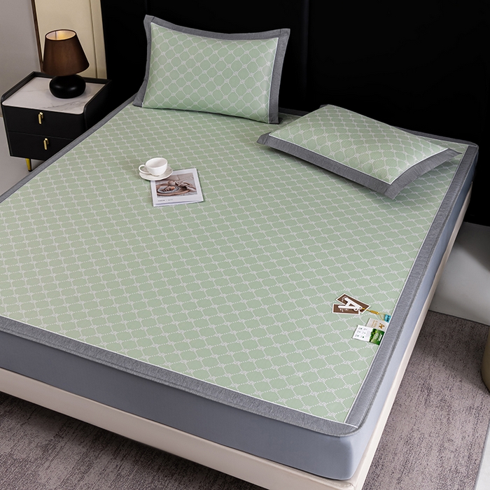 91家纺网 家纺一手货源 找家纺 小牛席业 2026新款轻奢风提花凉感冰丝席系列（床笠款）小玫瑰凉席藤席冰藤双面席冰丝席竹席凉席空调席草席三件套 绿色