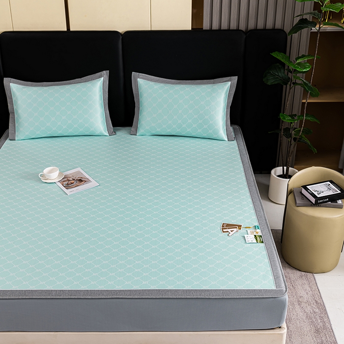 91家纺网 家纺一手货源 找家纺 小牛席业 2026新款轻奢风提花凉感冰丝席系列（床笠款）小玫瑰凉席藤席冰藤双面席冰丝席竹席凉席空调席草席三件套 湖蓝