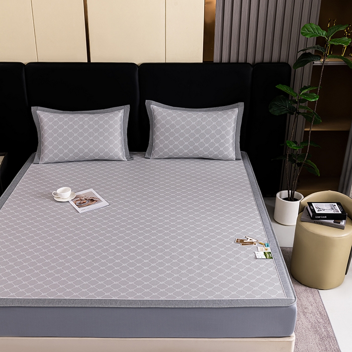 91家纺网 家纺一手货源 找家纺 小牛席业 2026新款轻奢风提花凉感冰丝席系列（床笠款）小玫瑰凉席藤席冰藤双面席冰丝席竹席凉席空调席草席三件套 灰色