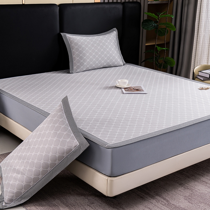 91家纺网 家纺一手货源 找家纺 小牛席业 2026新款轻奢风提花凉感冰丝席系列（床笠款）小玫瑰凉席藤席冰藤双面席冰丝席竹席凉席空调席草席三件套 灰色