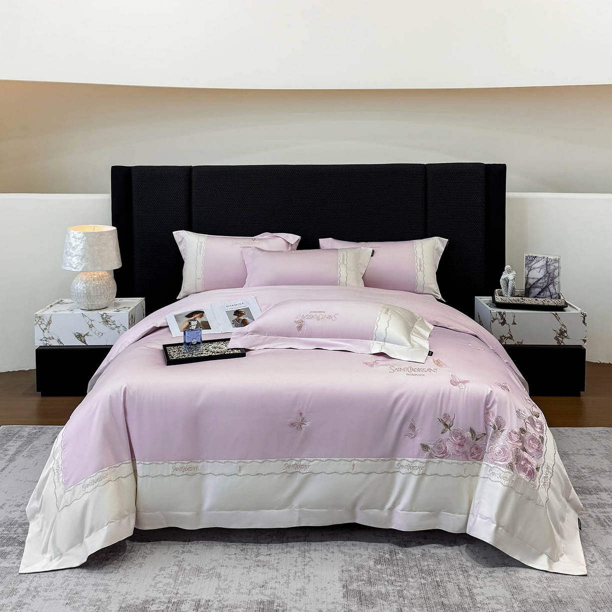 91家纺网 家纺一手货源 找家纺 2026爆款新品A类50S双股长绒棉纯棉四件套100全棉重工花卉刺绣被套床单床笠小清新床上用品溪畔玫瑰 溪畔玫瑰-黛紫