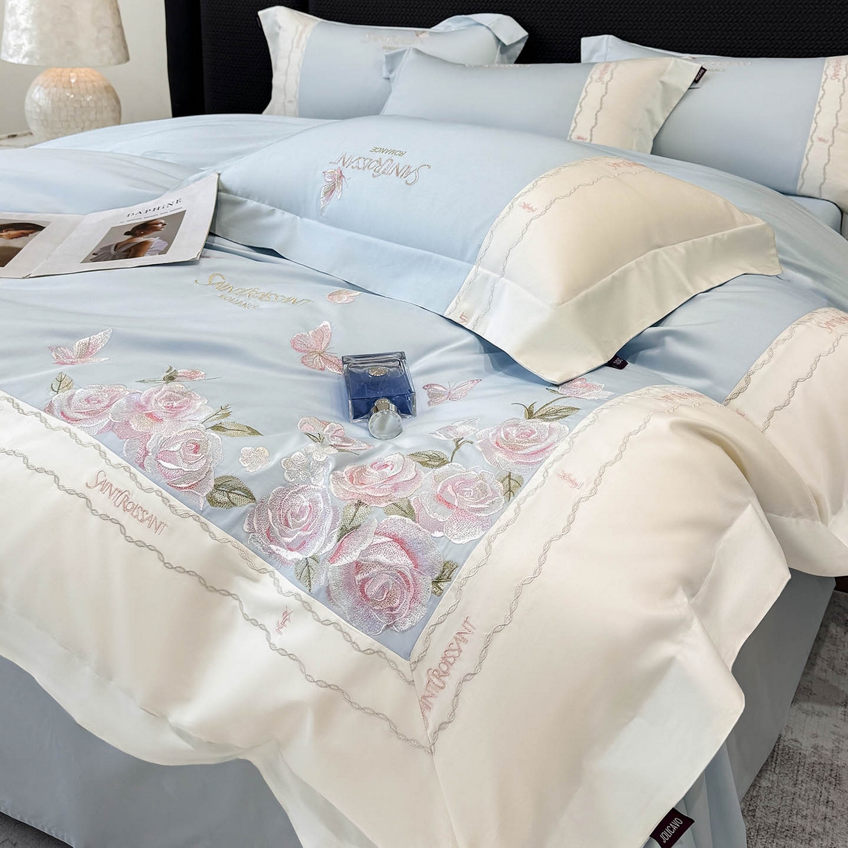 2026爆款新品A类50S双股长绒棉纯棉四件套100全棉重工花卉刺绣被套床单床笠小清新床上用品溪畔玫瑰 溪畔玫瑰-慕蓝