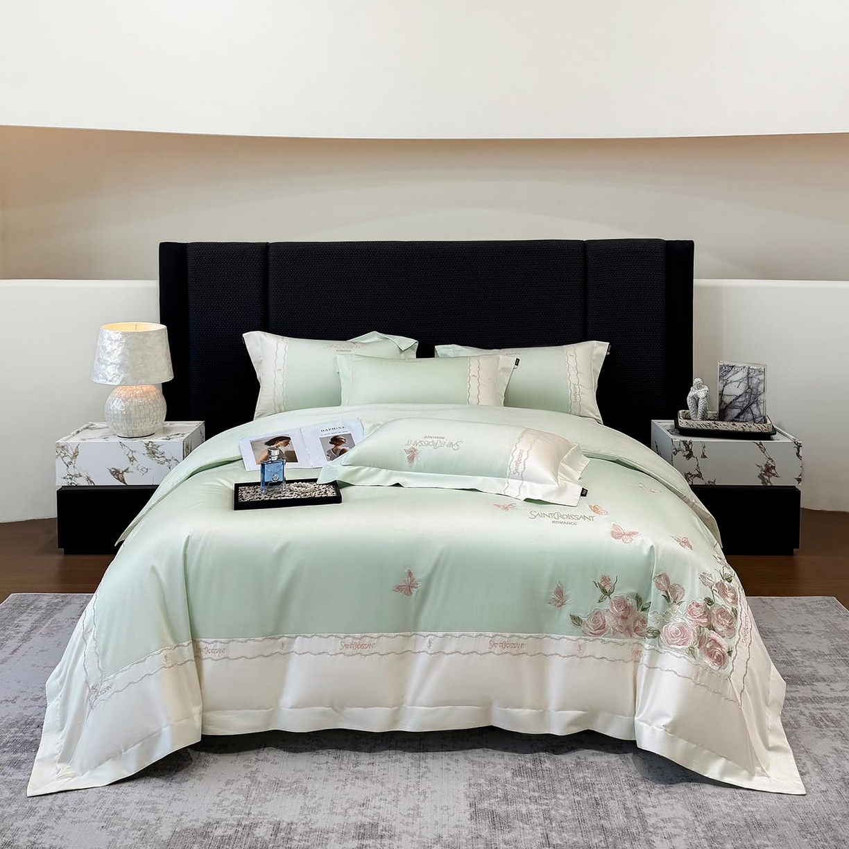 91家纺网 家纺一手货源 找家纺 2026爆款新品A类50S双股长绒棉纯棉四件套100全棉重工花卉刺绣被套床单床笠小清新床上用品溪畔玫瑰 溪畔玫瑰-茶绿