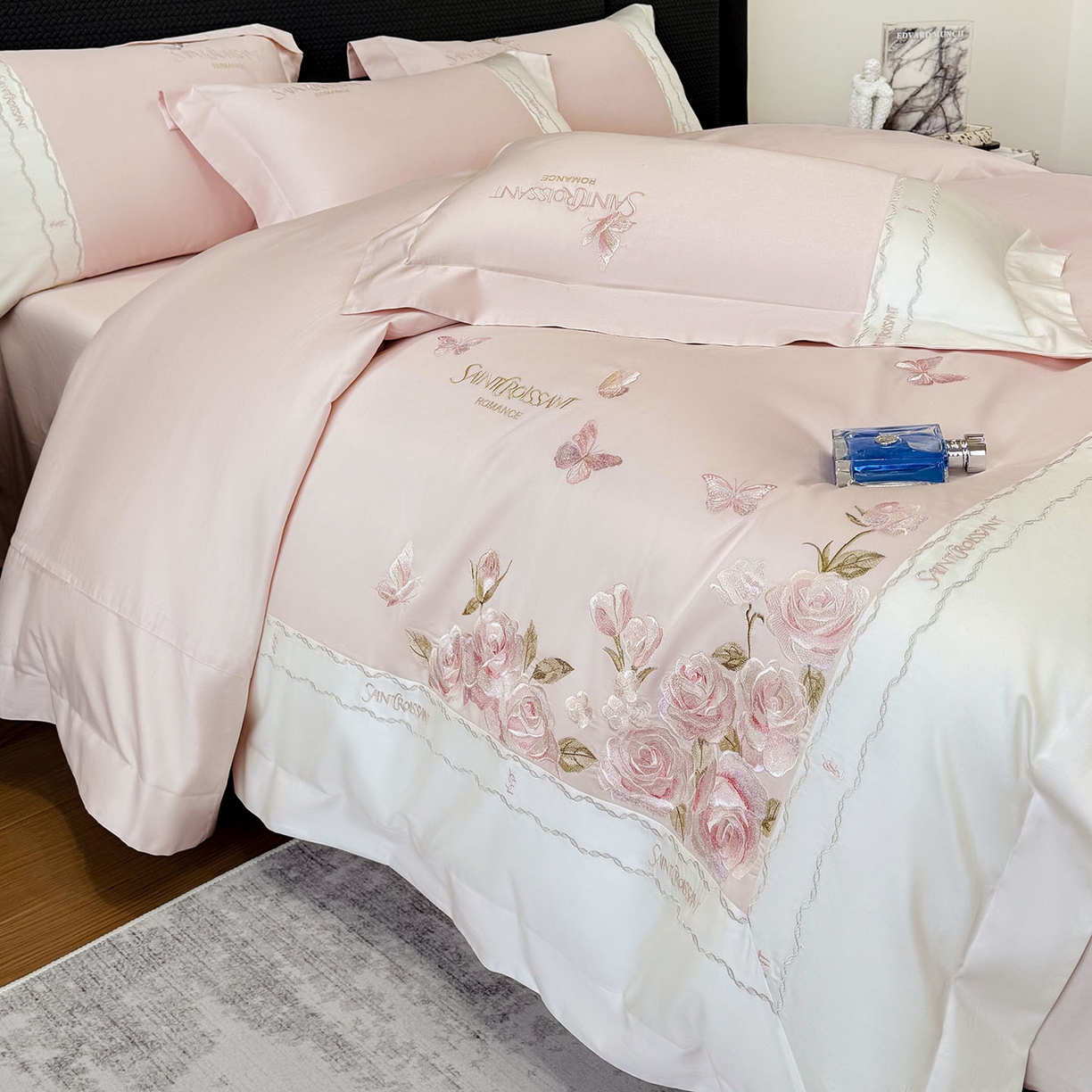 91家纺网 家纺一手货源 找家纺 2026爆款新品A类50S双股长绒棉纯棉四件套100全棉重工花卉刺绣被套床单床笠小清新床上用品溪畔玫瑰 溪畔玫瑰-颜粉