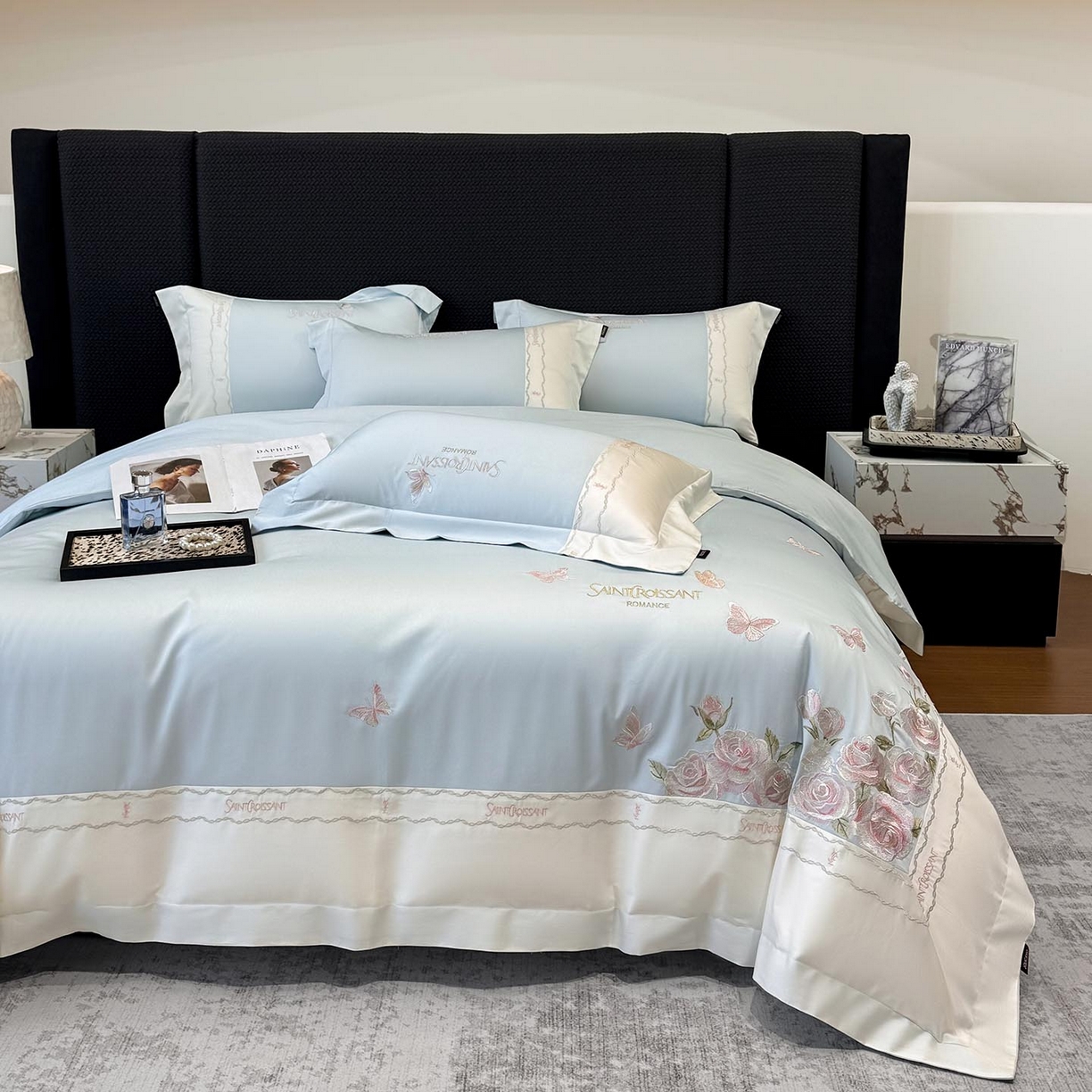 91家纺网 家纺一手货源 找家纺 2026爆款新品A类50S双股长绒棉纯棉四件套100全棉重工花卉刺绣被套床单床笠小清新床上用品溪畔玫瑰 溪畔玫瑰-慕蓝