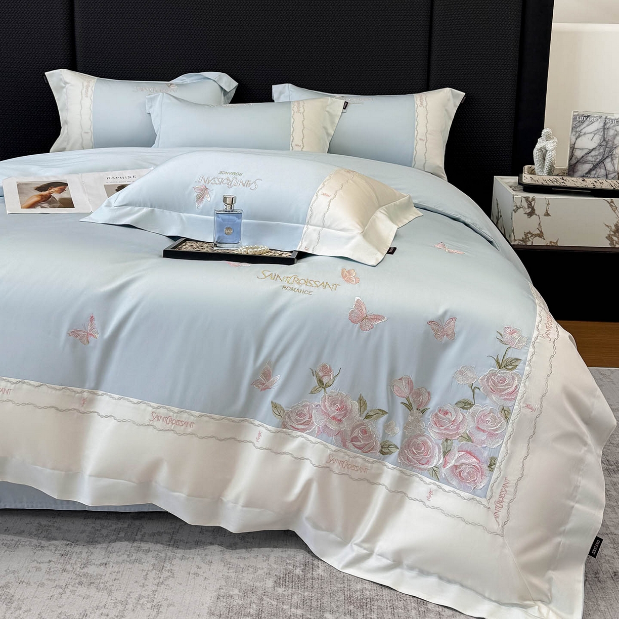 91家纺网 家纺一手货源 找家纺 2026爆款新品A类50S双股长绒棉纯棉四件套100全棉重工花卉刺绣被套床单床笠小清新床上用品溪畔玫瑰 溪畔玫瑰-慕蓝