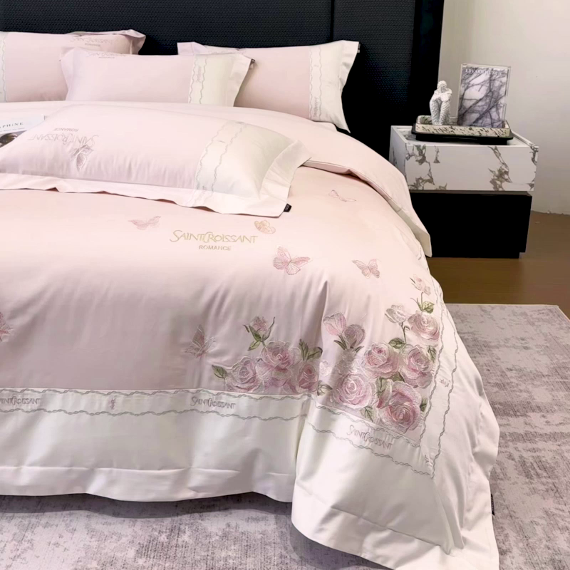 91家纺网 家纺一手货源 找家纺 2026爆款新品A类50S双股长绒棉纯棉四件套100全棉重工花卉刺绣被套床单床笠小清新床上用品溪畔玫瑰 溪畔玫瑰-颜粉
