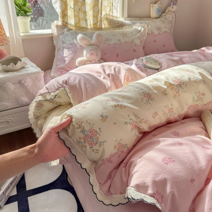 91家纺网 家纺一手货源 找家纺 （总）源舍家纺 2026春夏新款A类古法水洗棉法式花边四件套