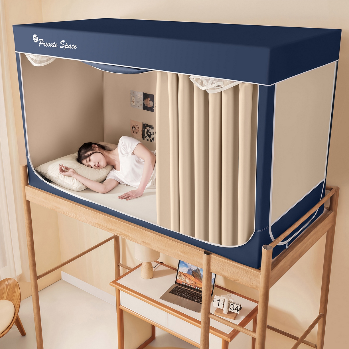 91家纺网 家纺一手货源 找家纺 壹和 2026新款纯物理无涂层无覆膜款遮光防蚊学生坐床蚊帐 靛蓝拼米