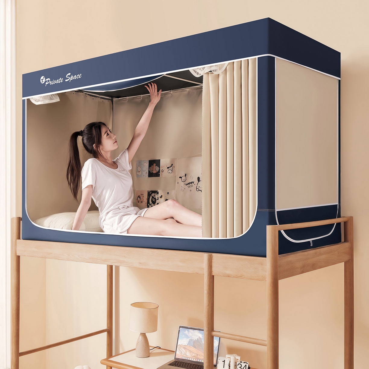 91家纺网 家纺一手货源 找家纺 壹和 2026新款纯物理无涂层无覆膜款遮光防蚊学生坐床蚊帐 靛蓝拼米