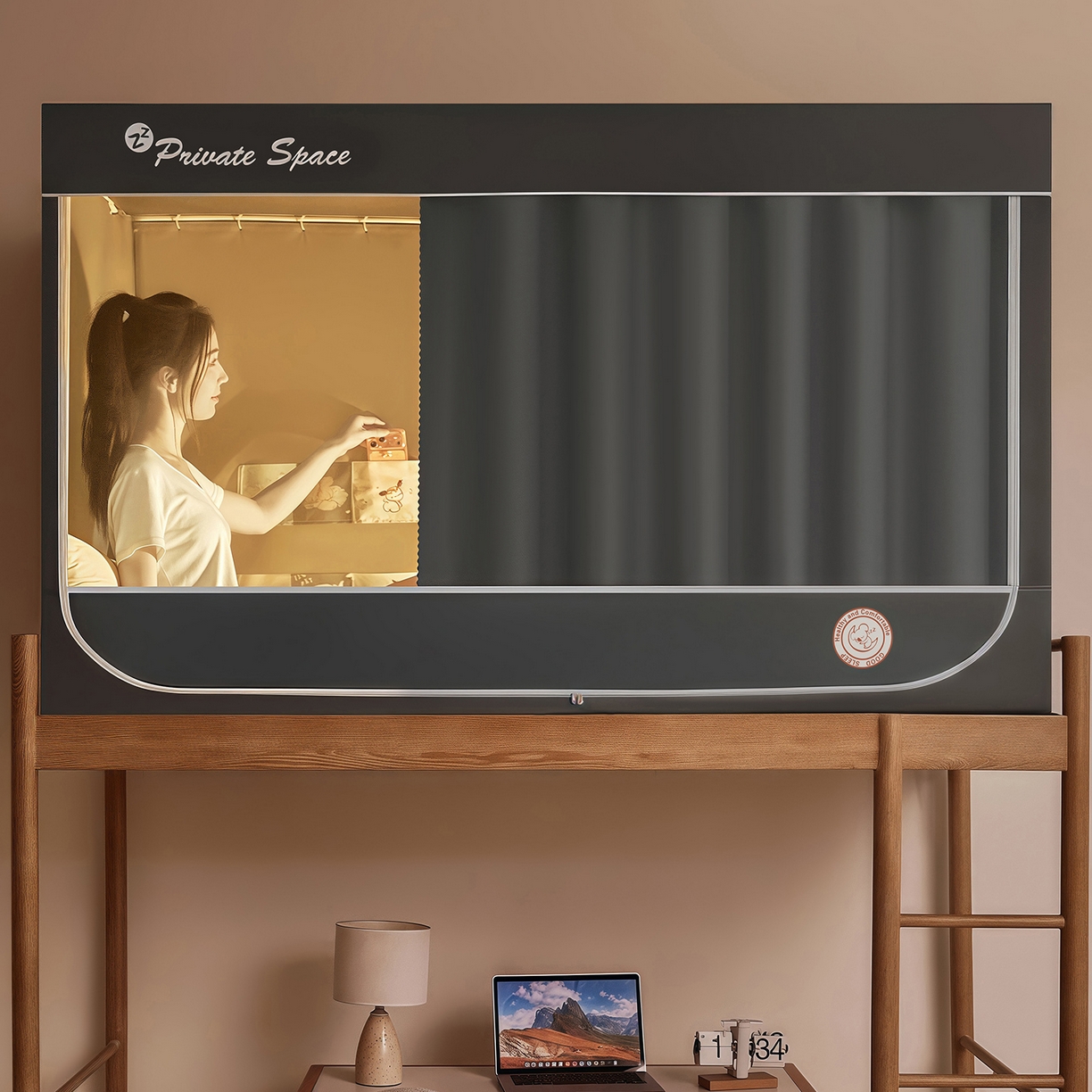 91家纺网 家纺一手货源 找家纺 壹和 2026新款纯物理无涂层无覆膜款遮光防蚊学生坐床蚊帐 大象灰