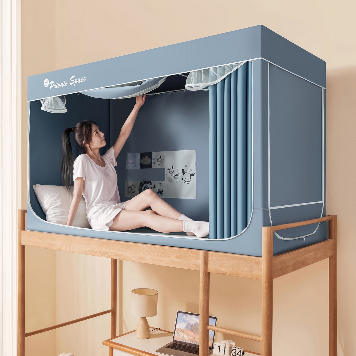 91家纺网 家纺一手货源 找家纺 壹和 2026新款纯物理无涂层无覆膜款遮光防蚊学生坐床蚊帐 苍穹蓝