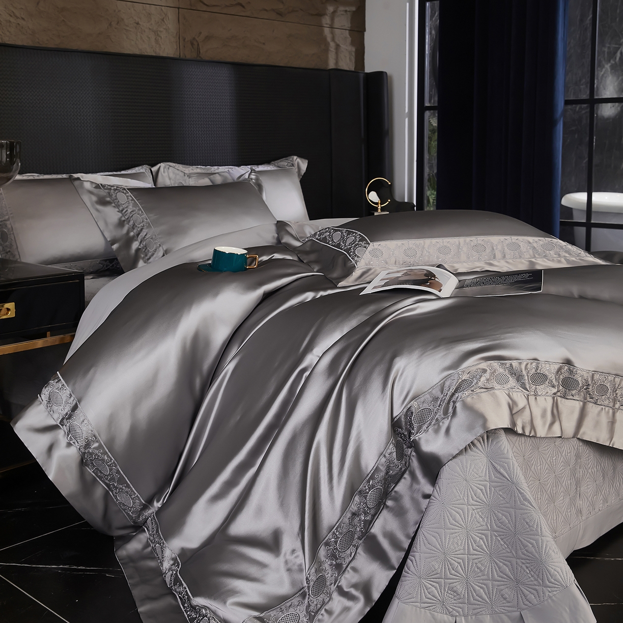 edra 2026新款真丝天丝轻奢床盖款四件套-圣罗兰 圣罗兰灰色