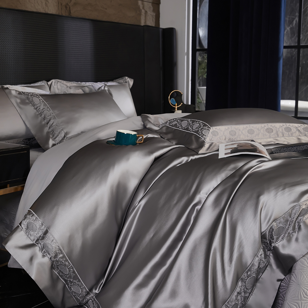 91家纺网 家纺一手货源 找家纺 edra 2026新款真丝天丝轻奢床盖款四件套-圣罗兰 圣罗兰灰色
