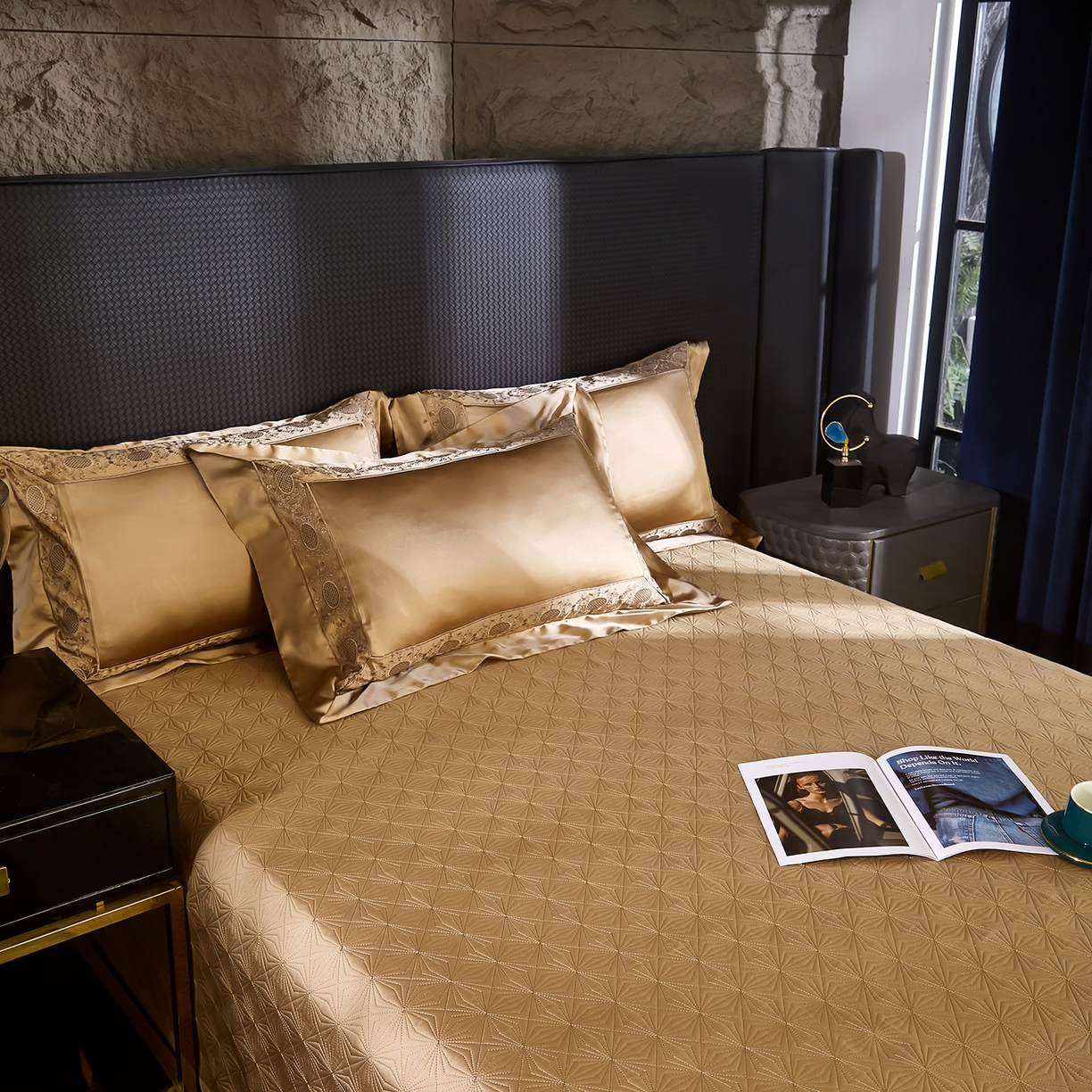 91家纺网 家纺一手货源 找家纺 edra 2026新款真丝天丝轻奢床盖款四件套-圣罗兰 圣罗兰金色