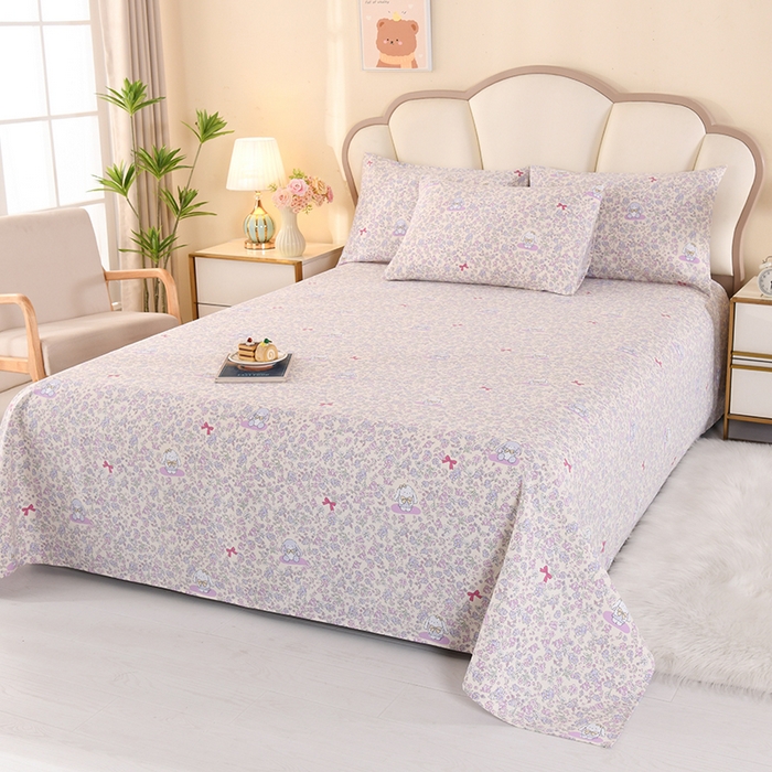 91家纺网 家纺一手货源 找家纺 2026新款细纱老粗布床单床笠凉席席子三件套 花园小兔