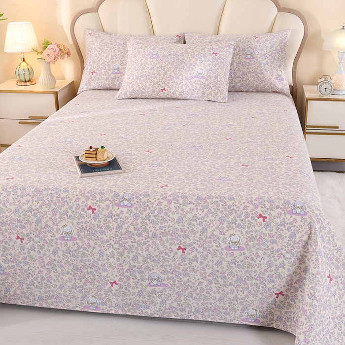 91家纺网 家纺一手货源 找家纺 2026新款细纱老粗布床单床笠凉席席子三件套 花园小兔