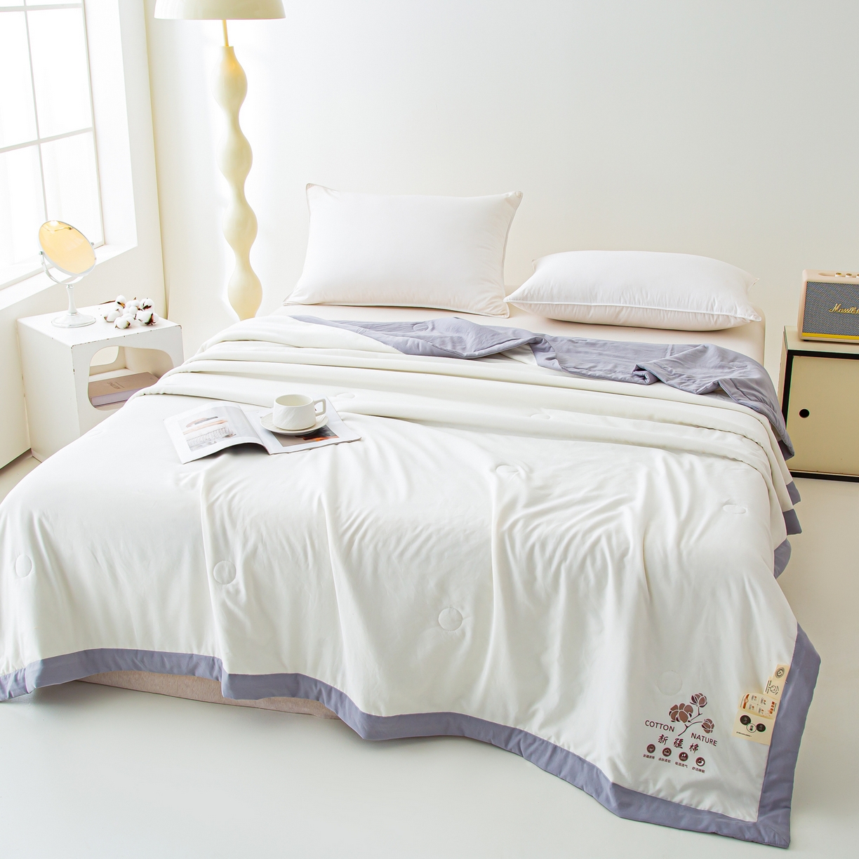 91家纺网 家纺一手货源 找家纺 美之润家纺 2026新款纯色棉花夏被 夏屿-白灰