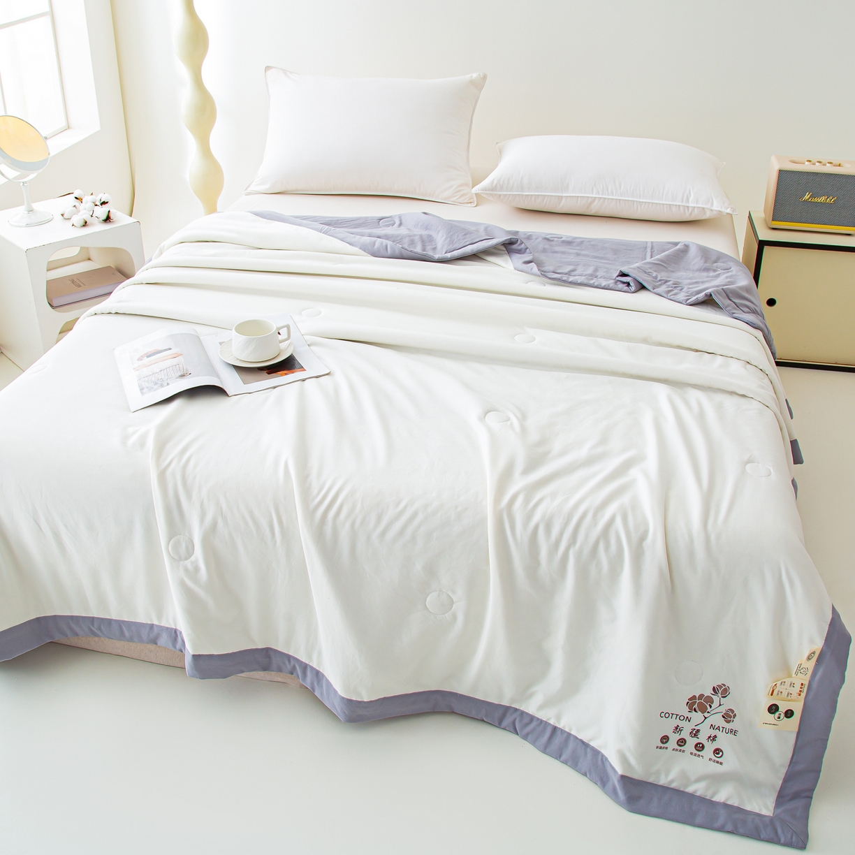 91家纺网 家纺一手货源 找家纺 美之润家纺 2026新款纯色棉花夏被 夏屿-白灰