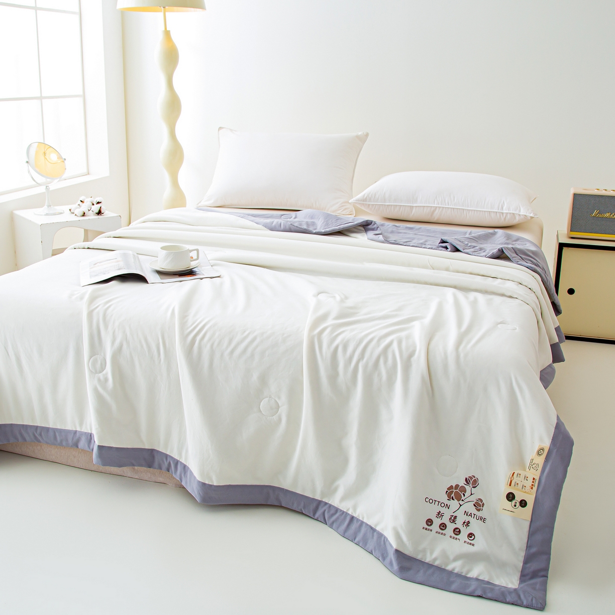 91家纺网 家纺一手货源 找家纺 美之润家纺 2026新款纯色棉花夏被 夏屿-白灰