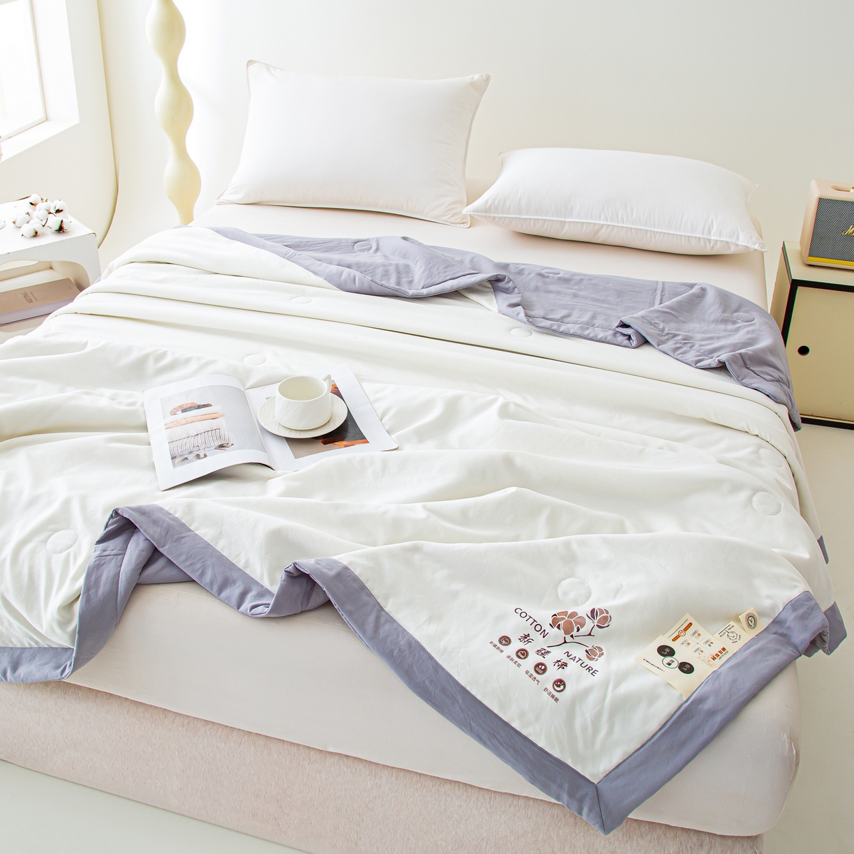 91家纺网 家纺一手货源 找家纺 美之润家纺 2026新款纯色棉花夏被 夏屿-白灰