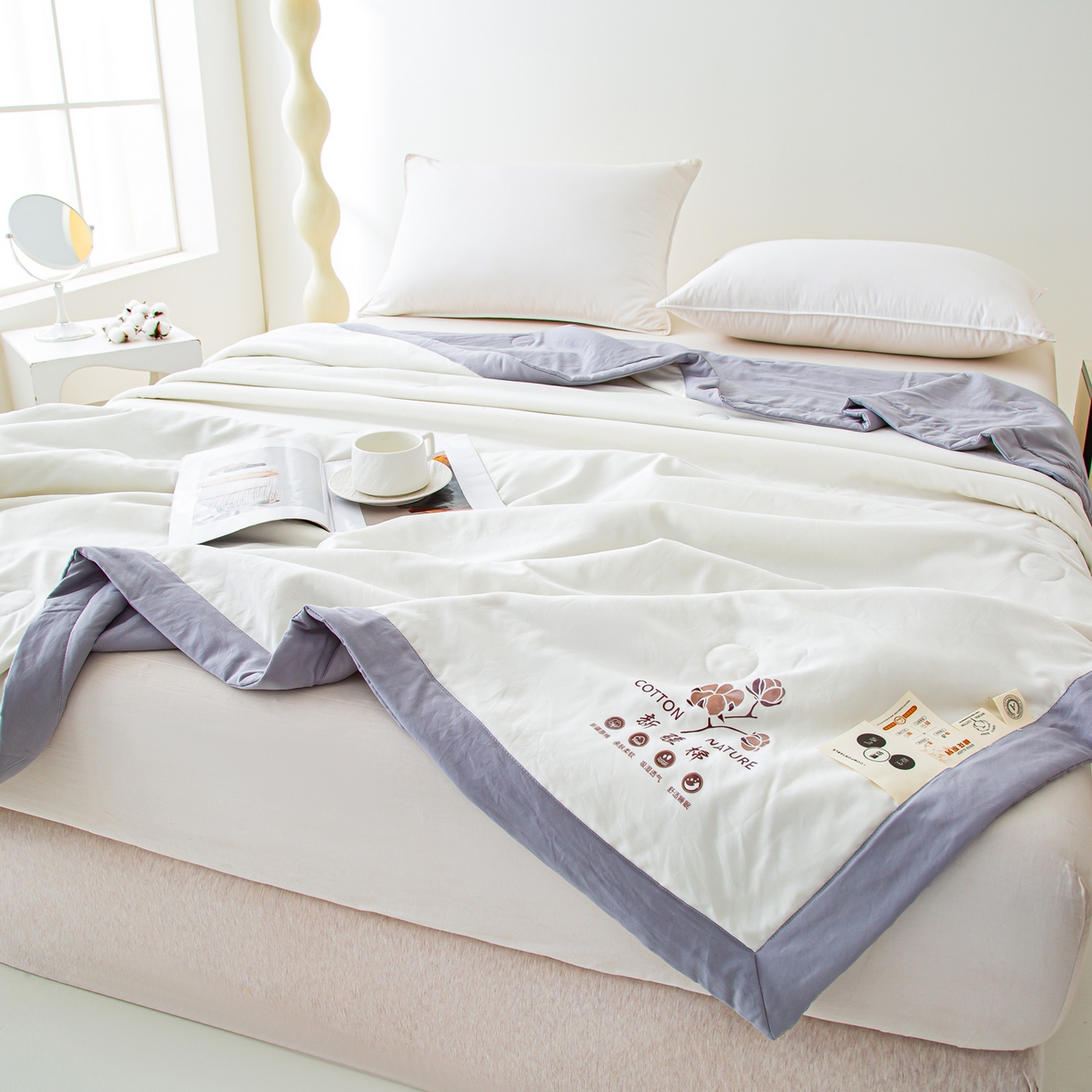 91家纺网 家纺一手货源 找家纺 美之润家纺 2026新款纯色棉花夏被 夏屿-白灰