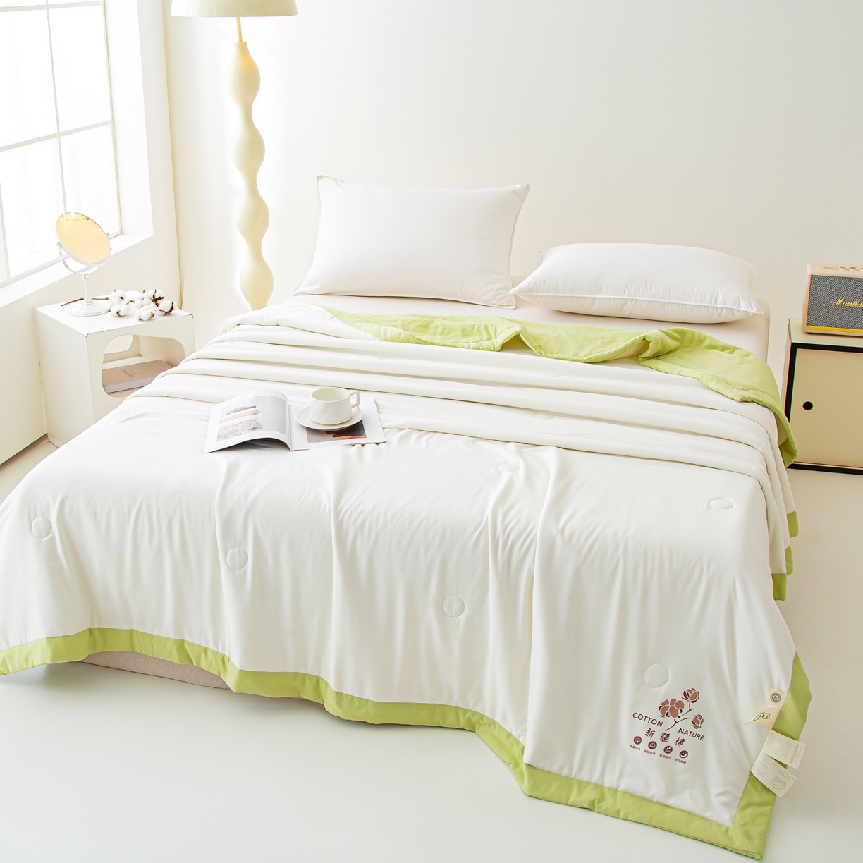 91家纺网 家纺一手货源 找家纺 美之润家纺 2026新款纯色棉花夏被 夏屿-白绿