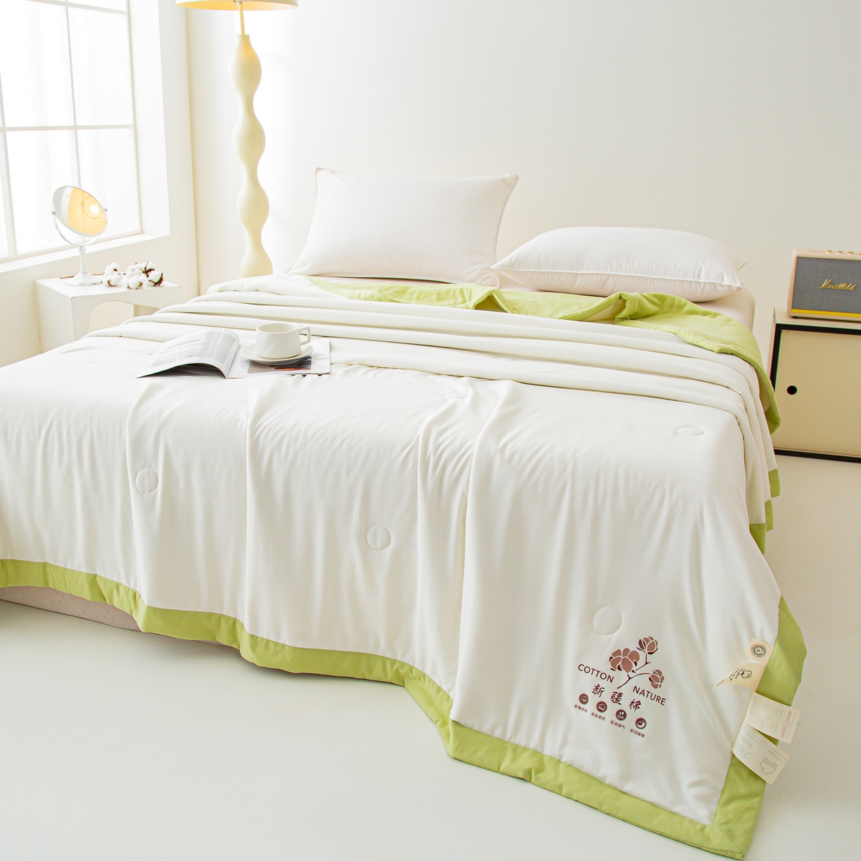 91家纺网 家纺一手货源 找家纺 美之润家纺 2026新款纯色棉花夏被 夏屿-白绿