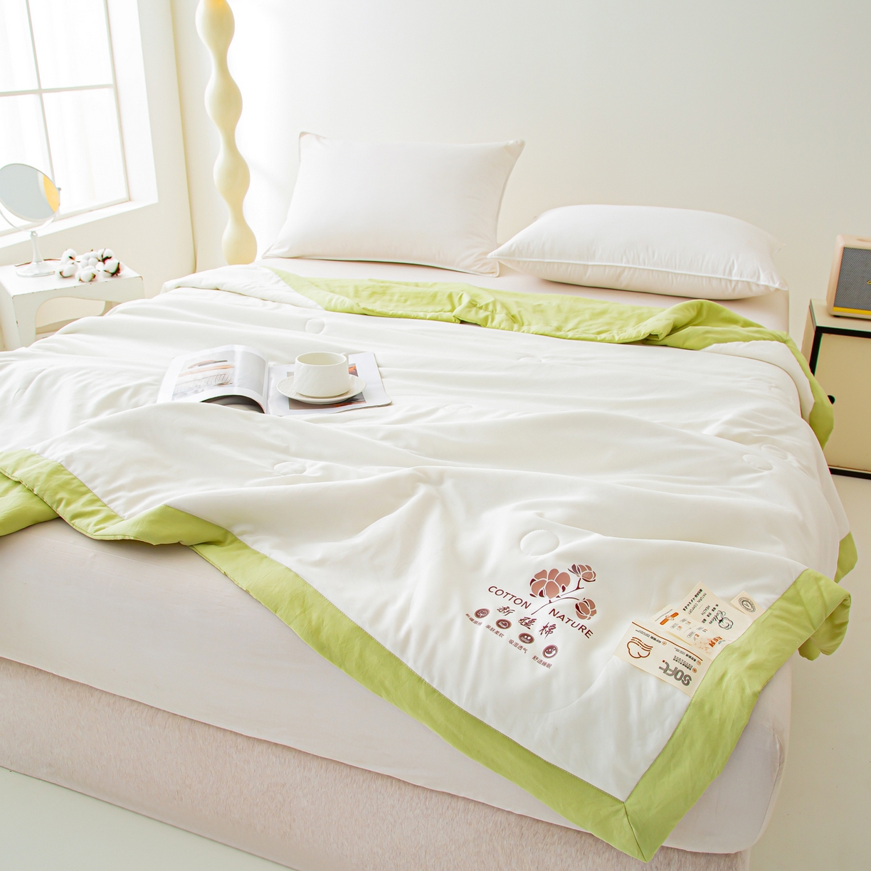 91家纺网 家纺一手货源 找家纺 美之润家纺 2026新款纯色棉花夏被 夏屿-白绿