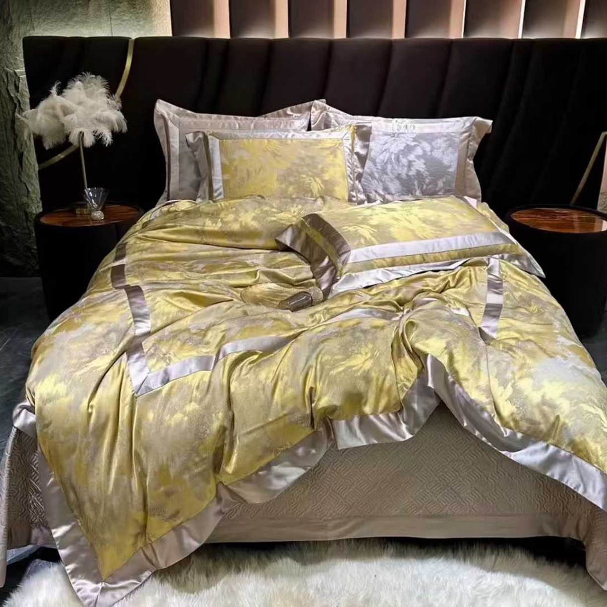 91家纺网 家纺一手货源 找家纺 edra 2026新款真丝天丝轻奢提花床盖款四件套-朝花夕拾 朝花夕拾-黄