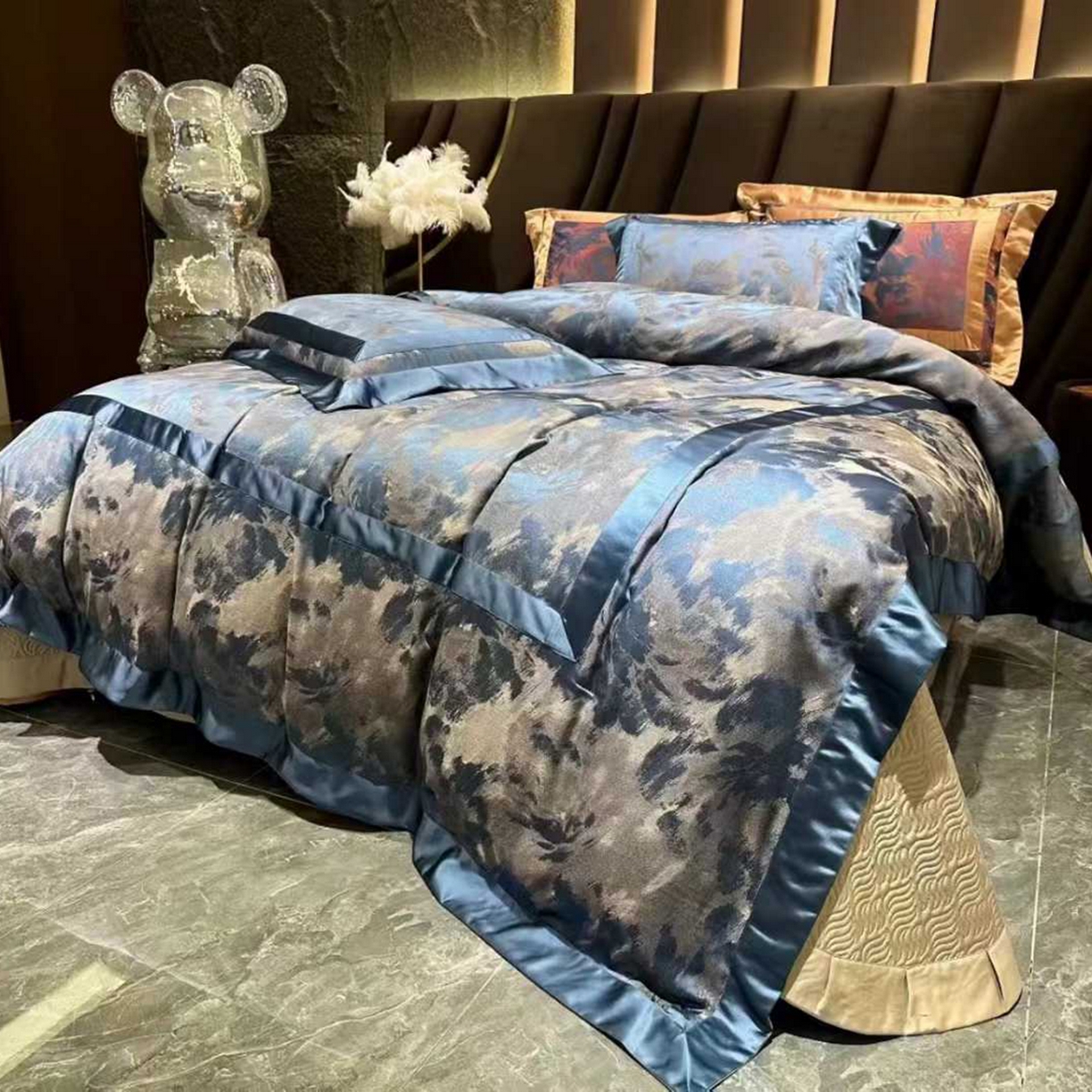 91家纺网 家纺一手货源 找家纺 edra 2026新款真丝天丝轻奢提花床盖款四件套-朝花夕拾 朝花夕拾-蓝