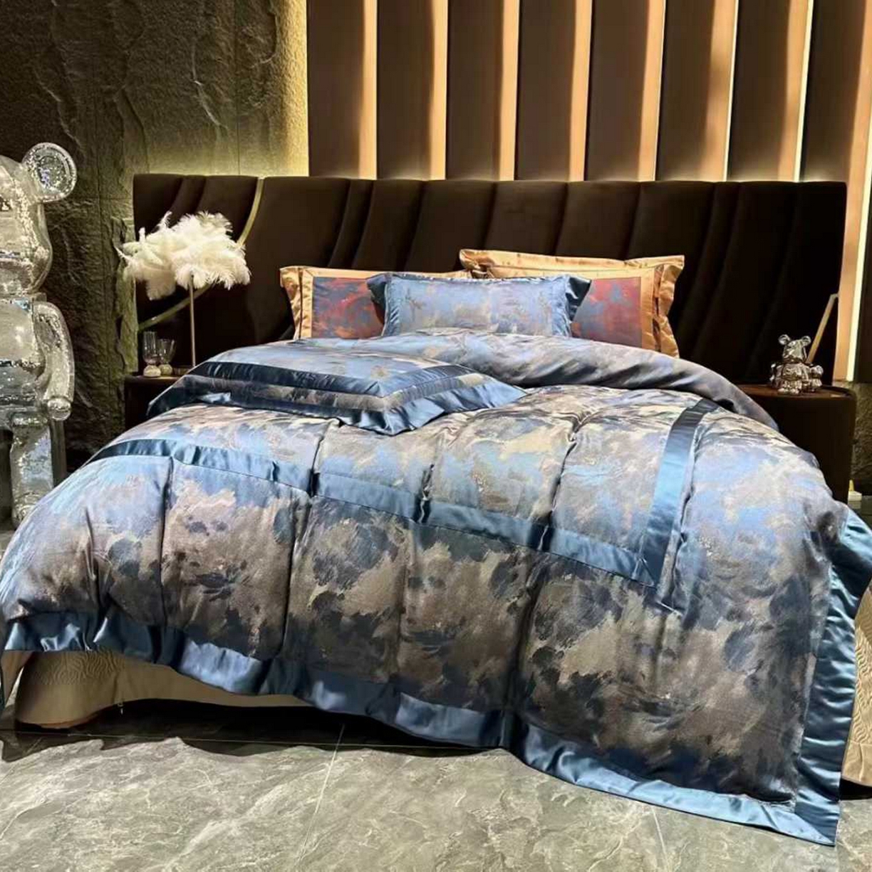 91家纺网 家纺一手货源 找家纺 edra 2026新款真丝天丝轻奢提花床盖款四件套-朝花夕拾 朝花夕拾-蓝