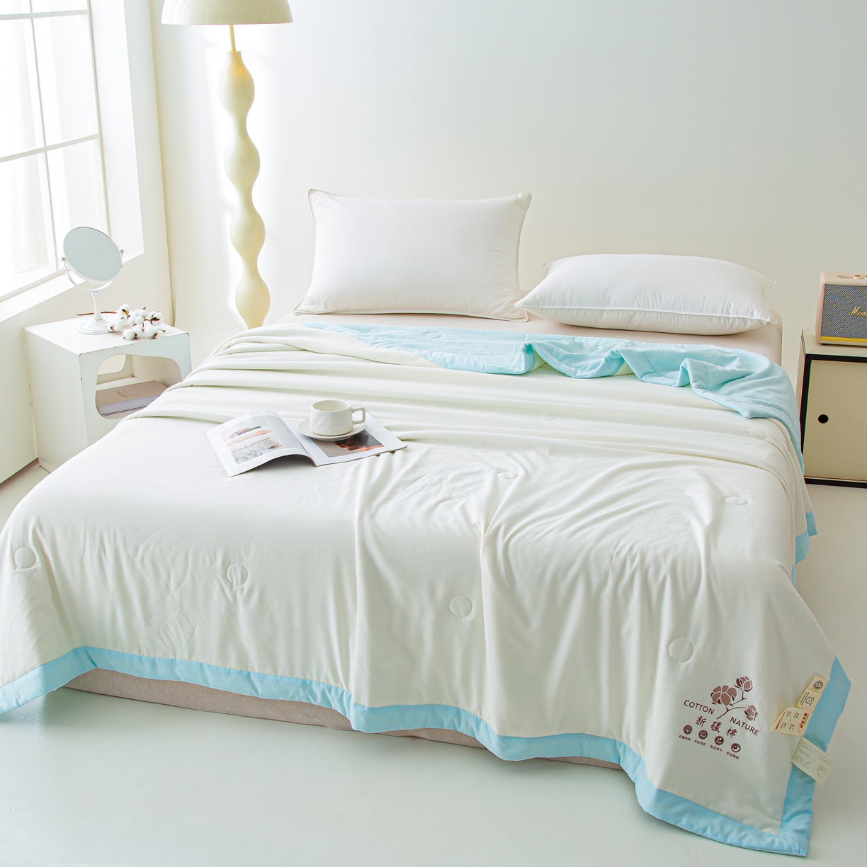 91家纺网 家纺一手货源 找家纺 美之润家纺 2026新款纯色棉花夏被 夏屿-奶白蓝